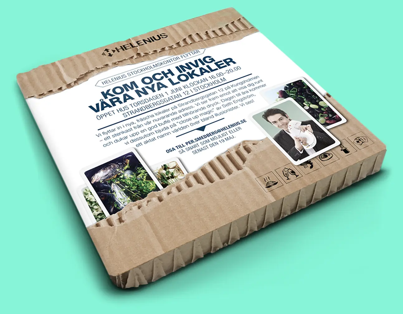 En tryckt reboardskiva med en ibjudan till Helenius ivigning av sina nya lokaler
